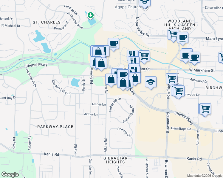map of restaurants, bars, coffee shops, grocery stores, and more near 12309 Chenal Parkway in Little Rock