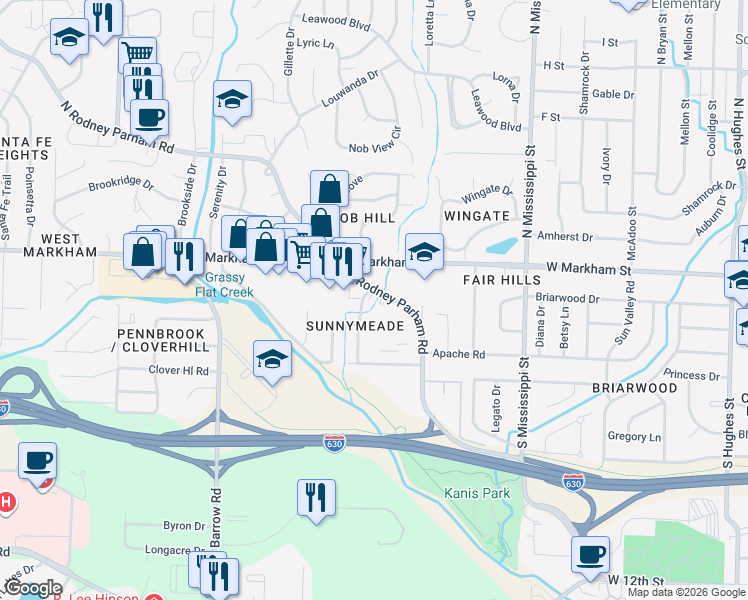 map of restaurants, bars, coffee shops, grocery stores, and more near 202 South Rodney Parham Road in Little Rock