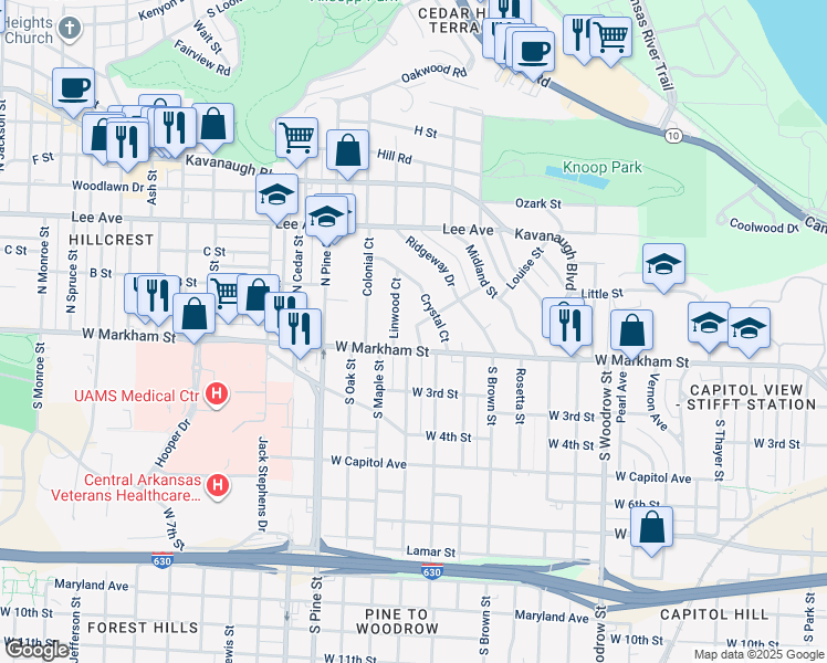 map of restaurants, bars, coffee shops, grocery stores, and more near 10 Alpine Court in Little Rock