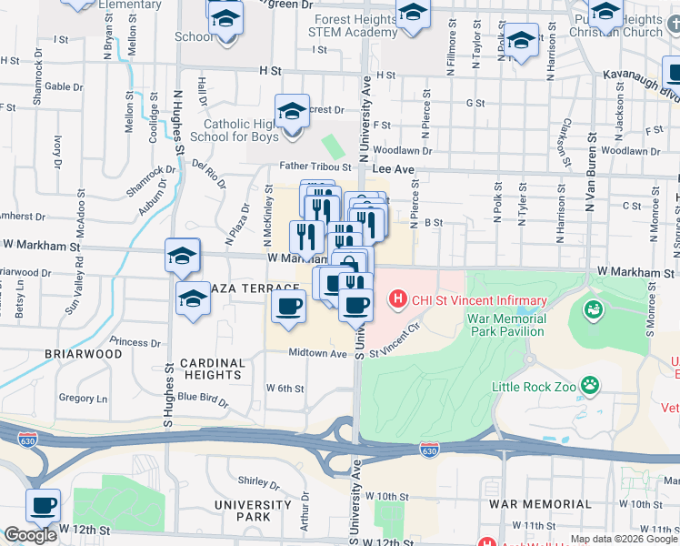 map of restaurants, bars, coffee shops, grocery stores, and more near in Little Rock