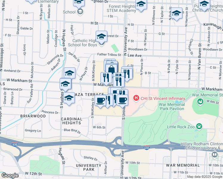 map of restaurants, bars, coffee shops, grocery stores, and more near 6115 West Markham Street in Little Rock