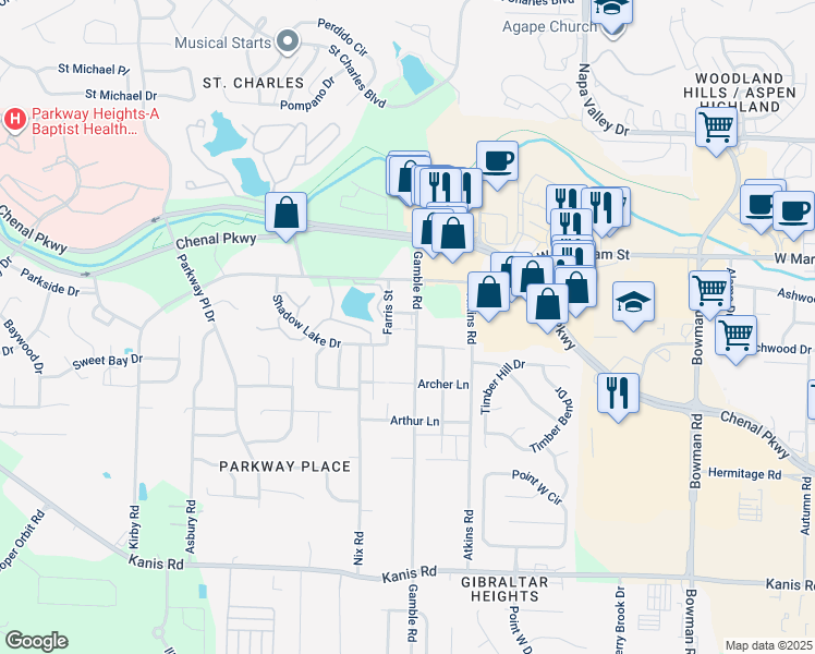 map of restaurants, bars, coffee shops, grocery stores, and more near 220 Gamble Road in Little Rock