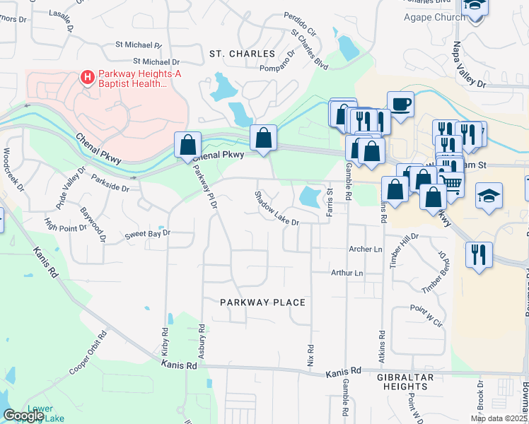 map of restaurants, bars, coffee shops, grocery stores, and more near 13212-13224 Shadow Lake Drive in Little Rock