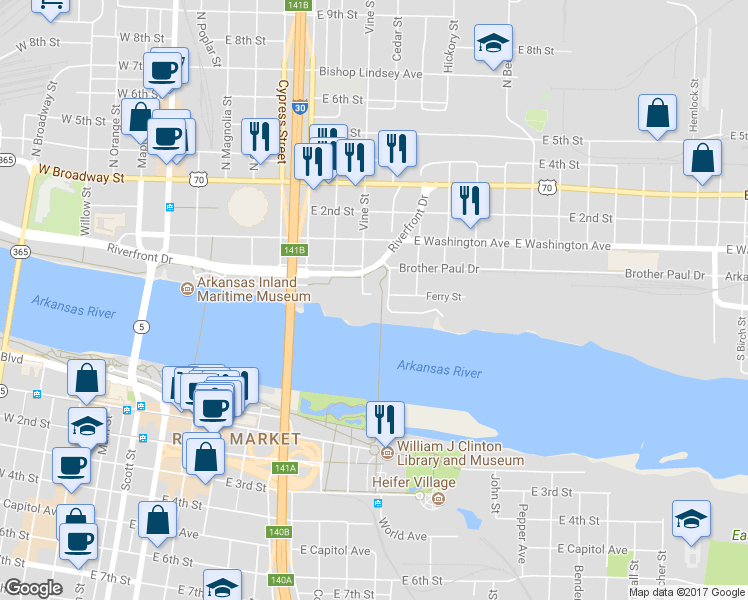 map of restaurants, bars, coffee shops, grocery stores, and more near 806 Ferry Street in North Little Rock