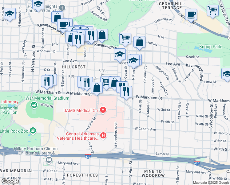 map of restaurants, bars, coffee shops, grocery stores, and more near 4100 W Markham St in Little Rock