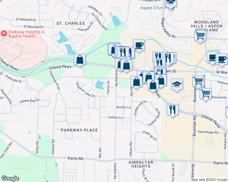 map of restaurants, bars, coffee shops, grocery stores, and more near 220 Gamble Road in Little Rock