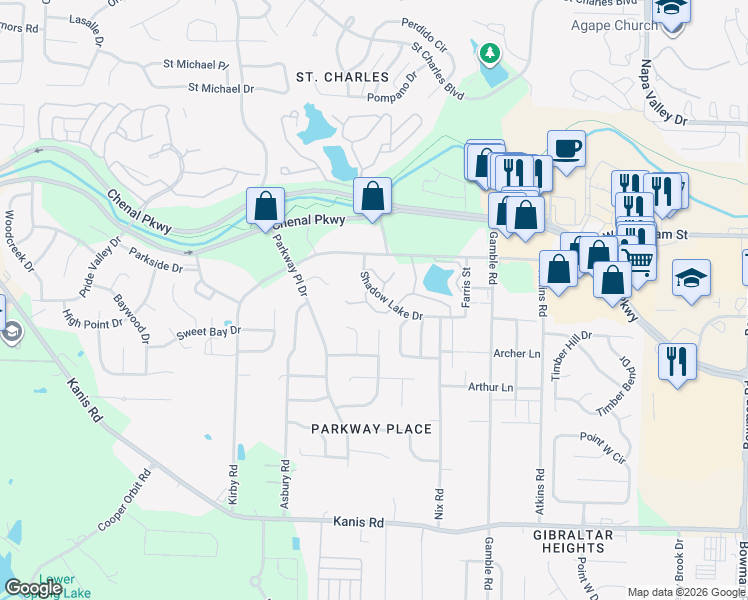 map of restaurants, bars, coffee shops, grocery stores, and more near 13212-13224 Shadow Lake Drive in Little Rock