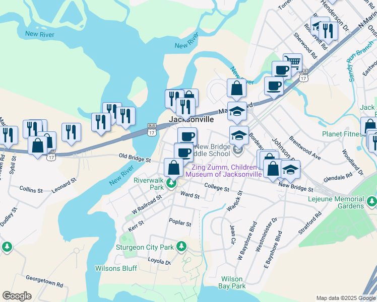 map of restaurants, bars, coffee shops, grocery stores, and more near 116 Chaney Avenue in Jacksonville