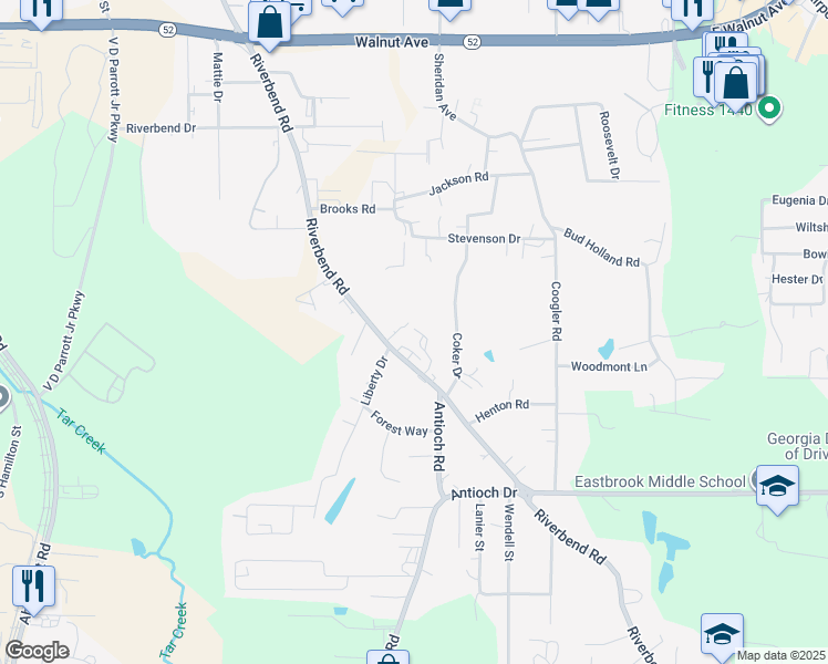 map of restaurants, bars, coffee shops, grocery stores, and more near 1299 Riverbend Road in Dalton