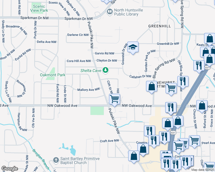 map of restaurants, bars, coffee shops, grocery stores, and more near 2209 Clift Street Northwest in Huntsville