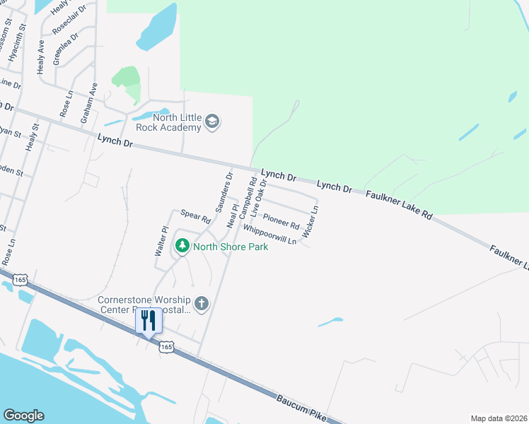 map of restaurants, bars, coffee shops, grocery stores, and more near 6507 Pioneer Road in North Little Rock