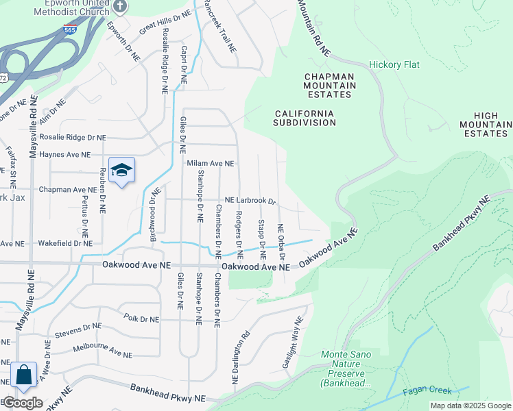 map of restaurants, bars, coffee shops, grocery stores, and more near 2021 Stapp Drive Northeast in Huntsville