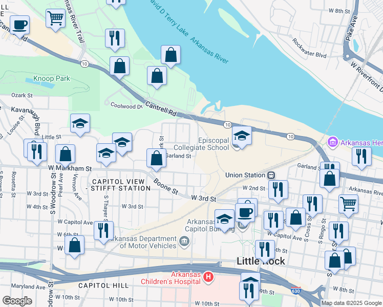 map of restaurants, bars, coffee shops, grocery stores, and more near 201 North Summit Street in Little Rock