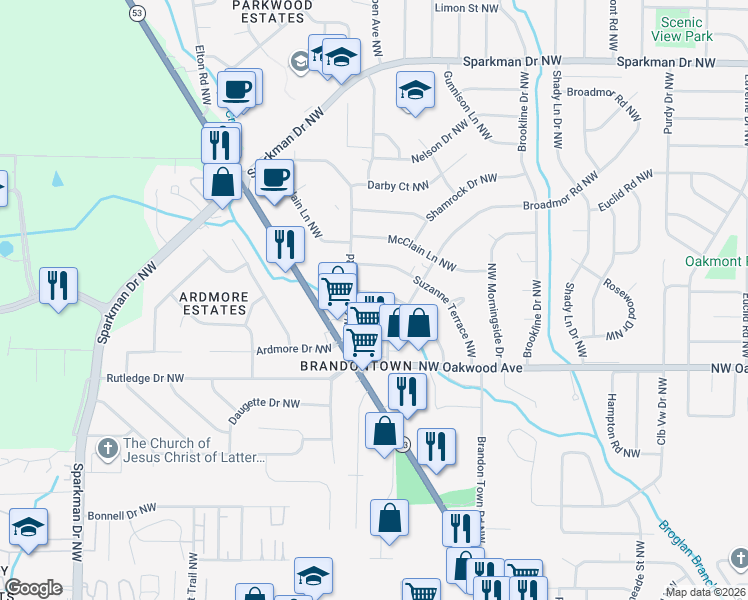 map of restaurants, bars, coffee shops, grocery stores, and more near 2309 Dogwood Lane Northwest in Huntsville