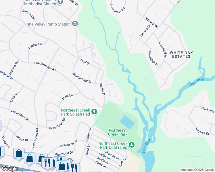 map of restaurants, bars, coffee shops, grocery stores, and more near 206 Meadowbrook Lane in Jacksonville