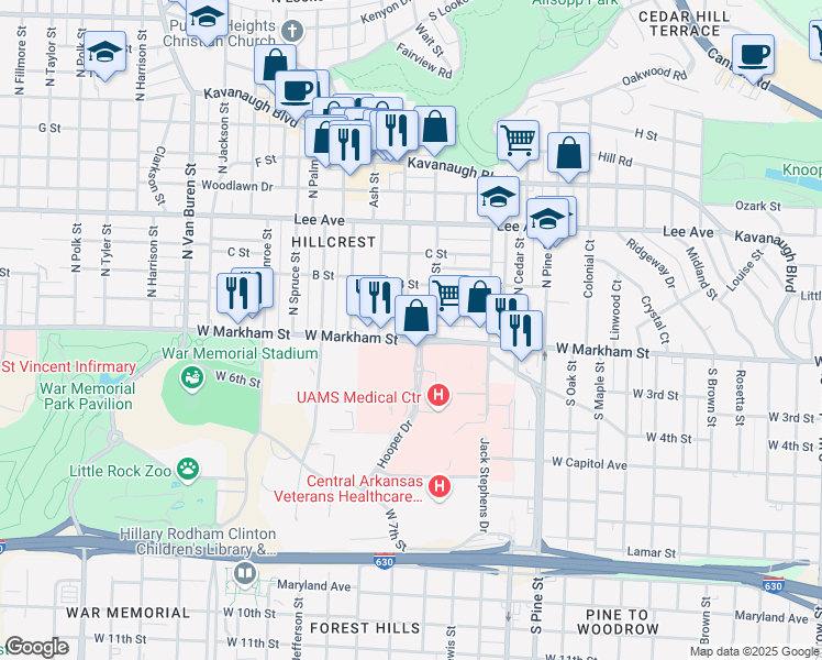 map of restaurants, bars, coffee shops, grocery stores, and more near 4400 West Markham Street in Little Rock