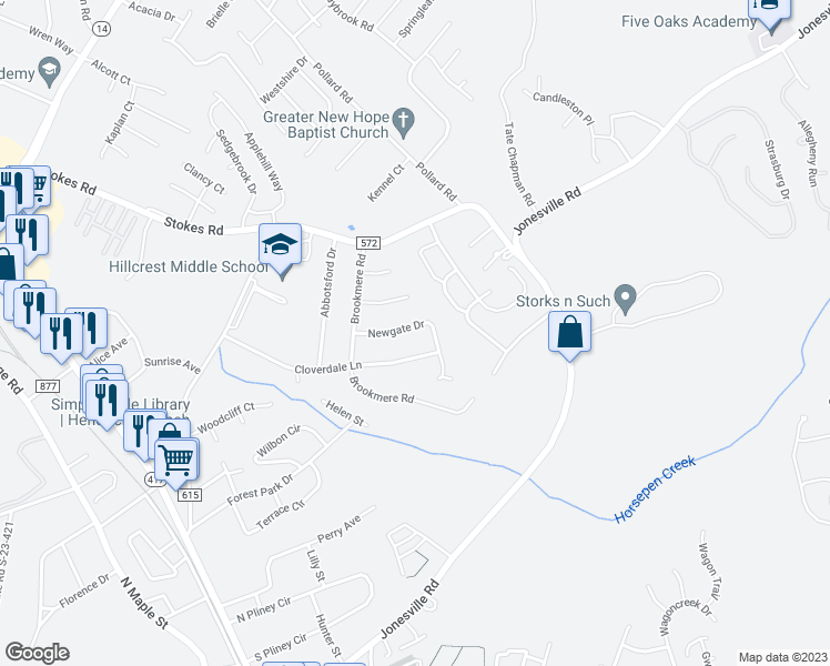 map of restaurants, bars, coffee shops, grocery stores, and more near 116 Newgate Drive in Simpsonville