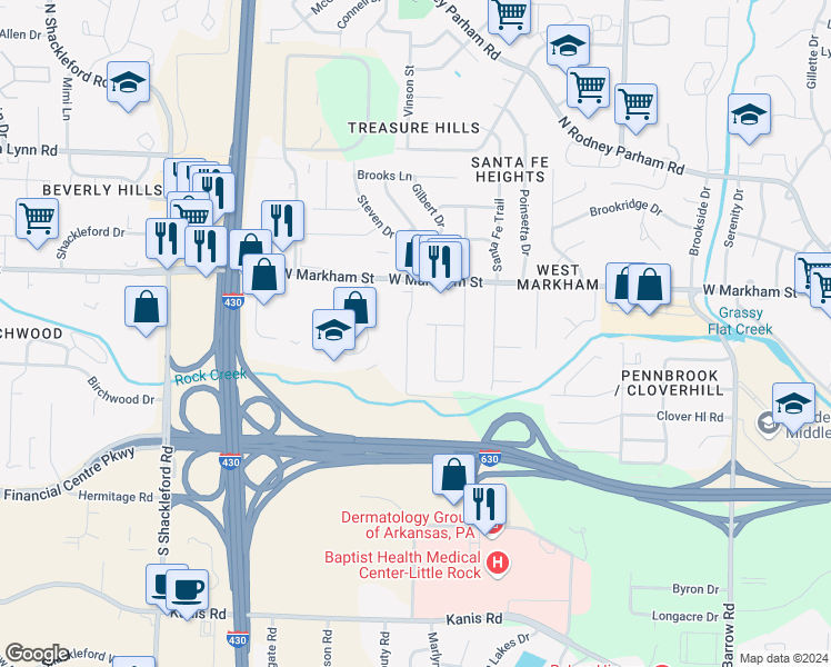 map of restaurants, bars, coffee shops, grocery stores, and more near 213 Oak Lane in Little Rock