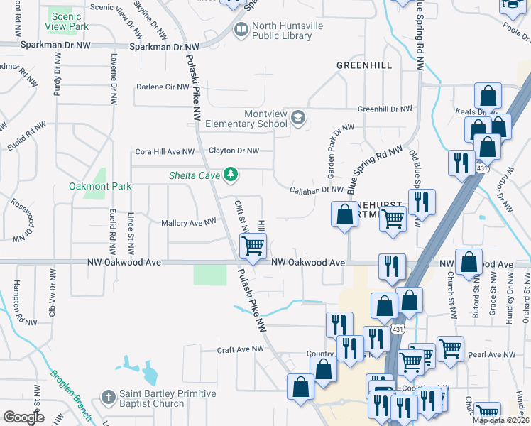 map of restaurants, bars, coffee shops, grocery stores, and more near 2208 Hill Street Northwest in Huntsville