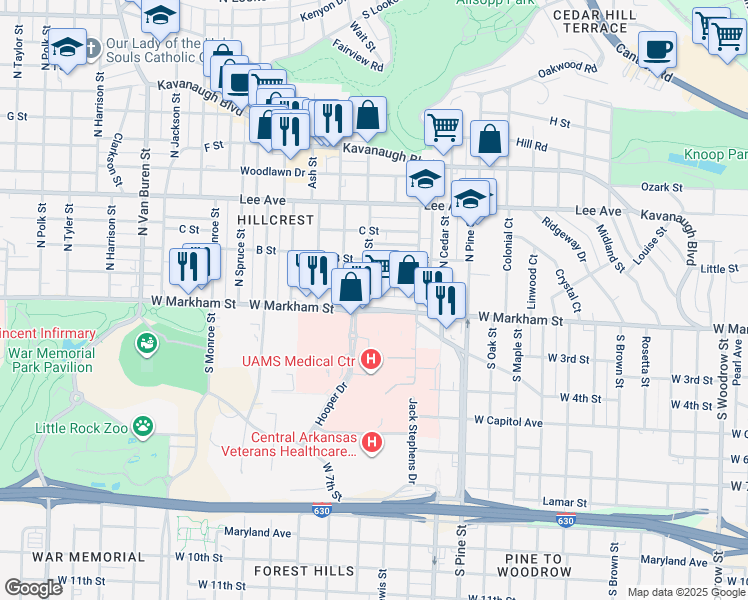 map of restaurants, bars, coffee shops, grocery stores, and more near 4224 West Markham Street in Little Rock