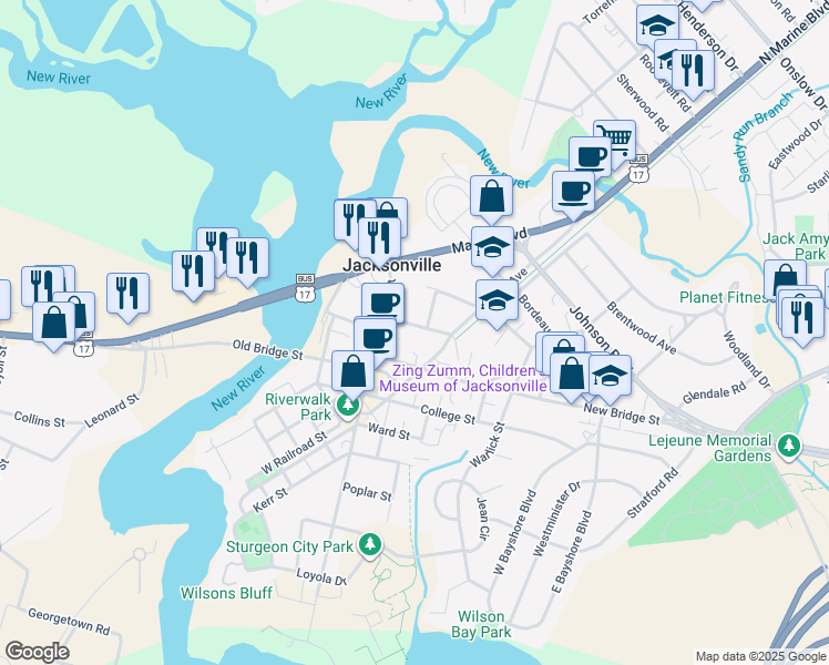 map of restaurants, bars, coffee shops, grocery stores, and more near 116 Chaney Avenue in Jacksonville