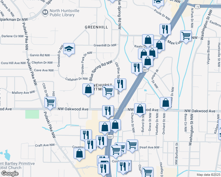 map of restaurants, bars, coffee shops, grocery stores, and more near 2040 Blue Spring Road Northwest in Huntsville