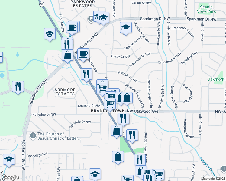 map of restaurants, bars, coffee shops, grocery stores, and more near 2309 Dogwood Lane Northwest in Huntsville