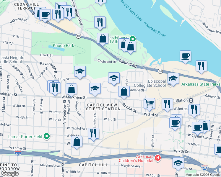 map of restaurants, bars, coffee shops, grocery stores, and more near 2400 West Markham Street in Little Rock