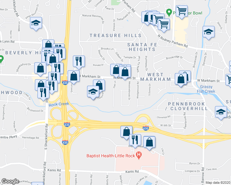 map of restaurants, bars, coffee shops, grocery stores, and more near 214 Oak Lane in Little Rock