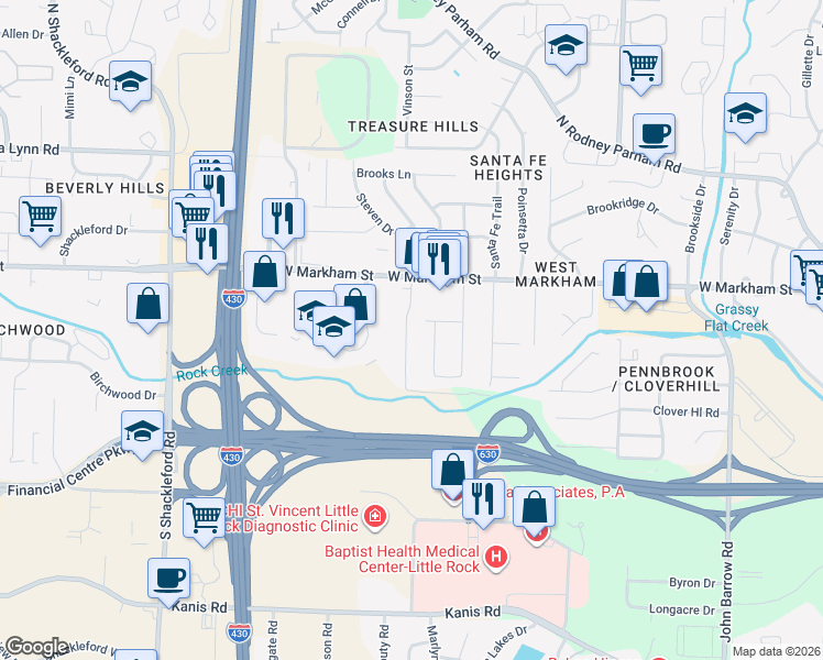 map of restaurants, bars, coffee shops, grocery stores, and more near 214 Oak Lane in Little Rock