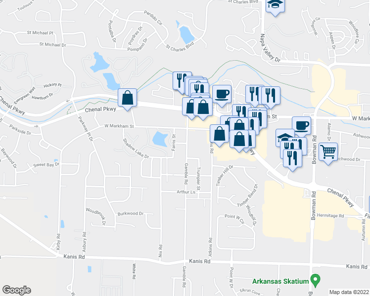 map of restaurants, bars, coffee shops, grocery stores, and more near 220 Gamble Road in Little Rock