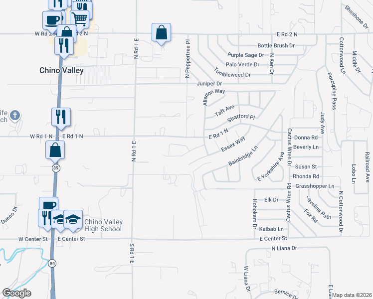 map of restaurants, bars, coffee shops, grocery stores, and more near 1197 Arden Court in Chino Valley