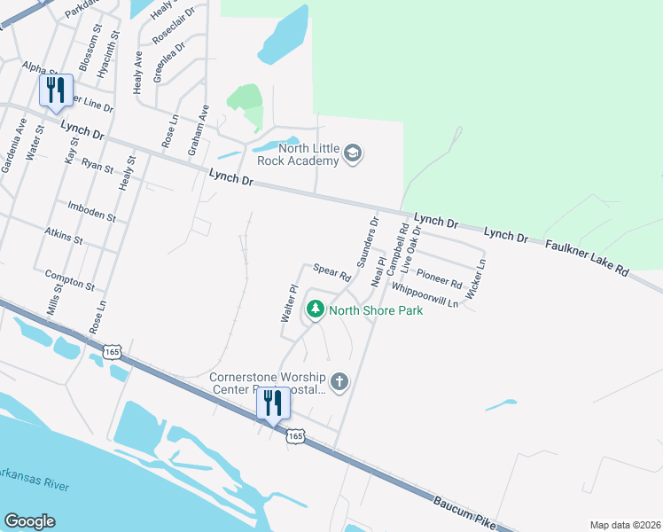 map of restaurants, bars, coffee shops, grocery stores, and more near 10 Spear Road in North Little Rock