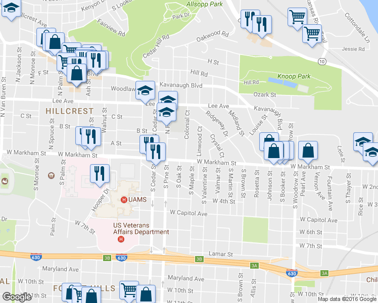 map of restaurants, bars, coffee shops, grocery stores, and more near 113 Colonial Ct in Little Rock