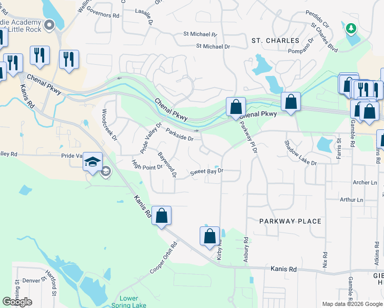 map of restaurants, bars, coffee shops, grocery stores, and more near 17 Willow Oak Court in Little Rock