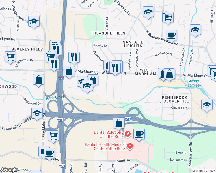 map of restaurants, bars, coffee shops, grocery stores, and more near 214 Oak Lane in Little Rock