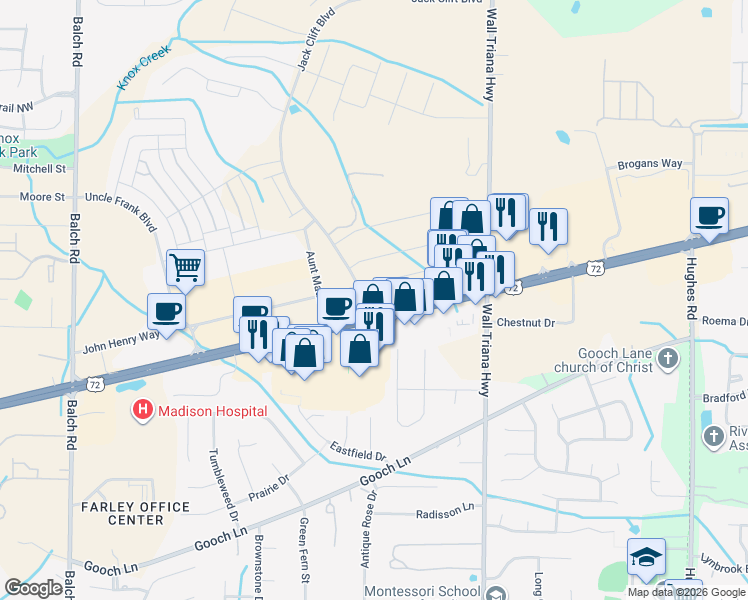 map of restaurants, bars, coffee shops, grocery stores, and more near 8140 Highway 72 West in Madison