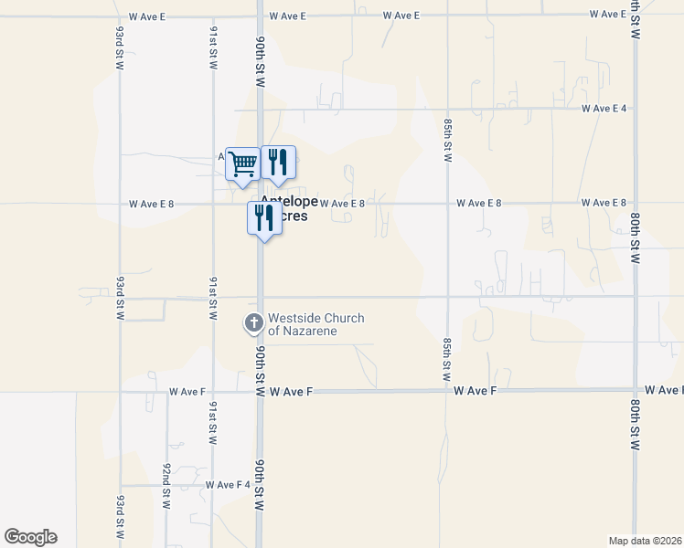 map of restaurants, bars, coffee shops, grocery stores, and more near 8727 West Avenue E12 in Lancaster