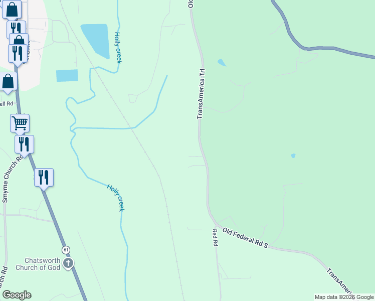 map of restaurants, bars, coffee shops, grocery stores, and more near 1041 Old Federal Road South in Chatsworth