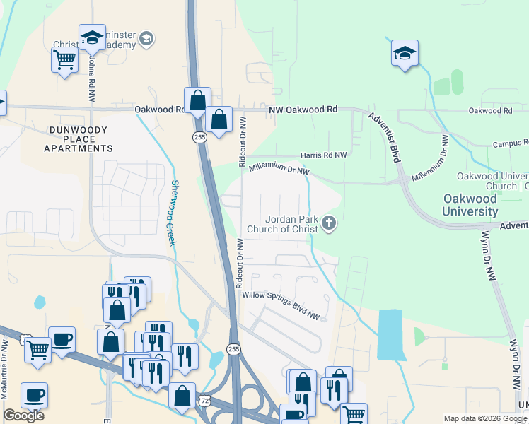 map of restaurants, bars, coffee shops, grocery stores, and more near 1908 Catchings Drive Northwest in Huntsville