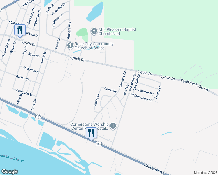 map of restaurants, bars, coffee shops, grocery stores, and more near 10 Spear Road in North Little Rock