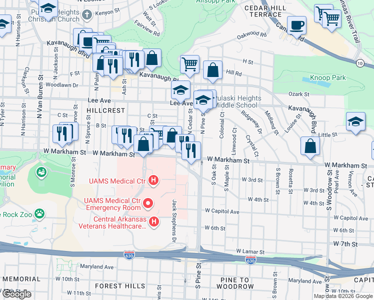 map of restaurants, bars, coffee shops, grocery stores, and more near 110 North Cedar Street in Little Rock