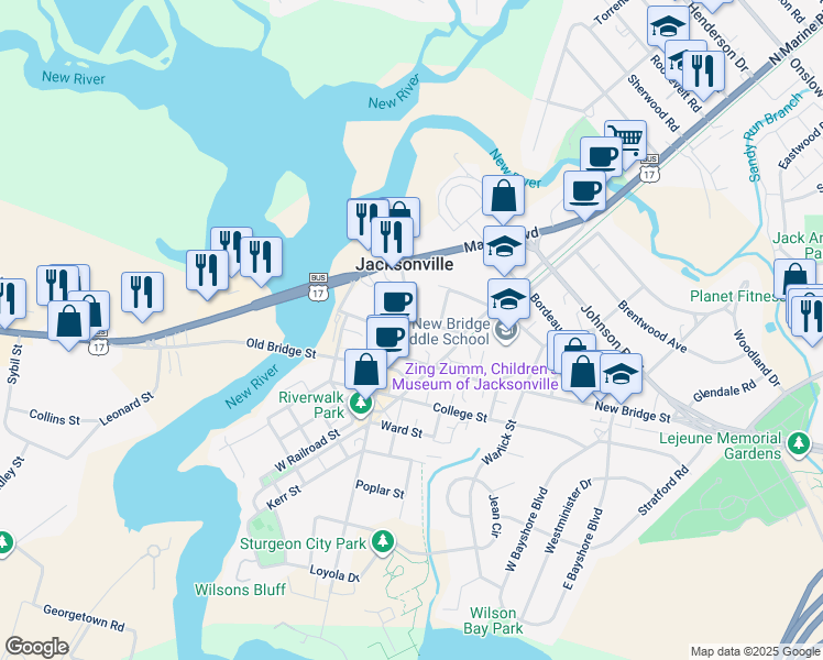 map of restaurants, bars, coffee shops, grocery stores, and more near 116 Chaney Avenue in Jacksonville