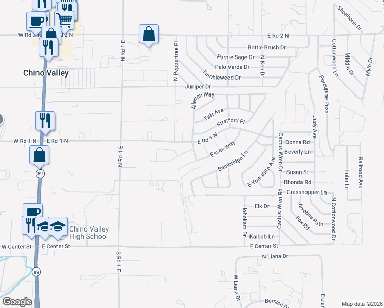 map of restaurants, bars, coffee shops, grocery stores, and more near 1297 Brentwood Way in Chino Valley