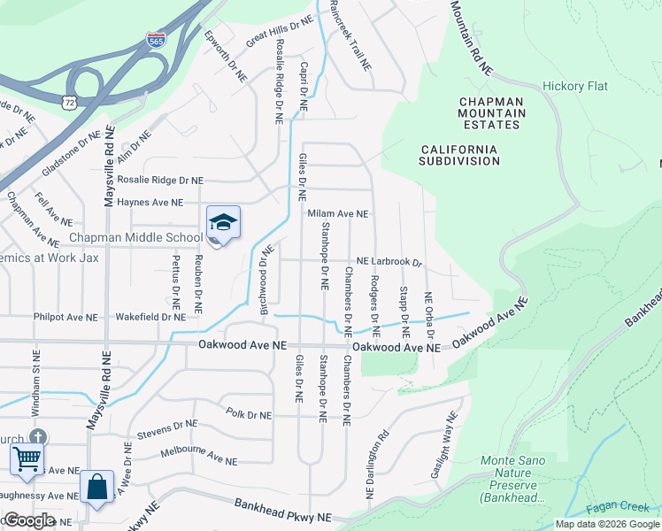 map of restaurants, bars, coffee shops, grocery stores, and more near 2026 Stanhope Drive Northeast in Huntsville