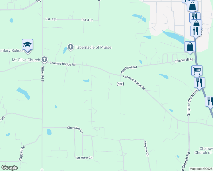 map of restaurants, bars, coffee shops, grocery stores, and more near 1060 Leonard Bridge Road in Chatsworth