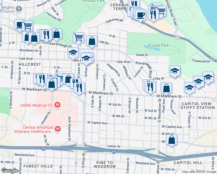 map of restaurants, bars, coffee shops, grocery stores, and more near 10 Alpine Court in Little Rock