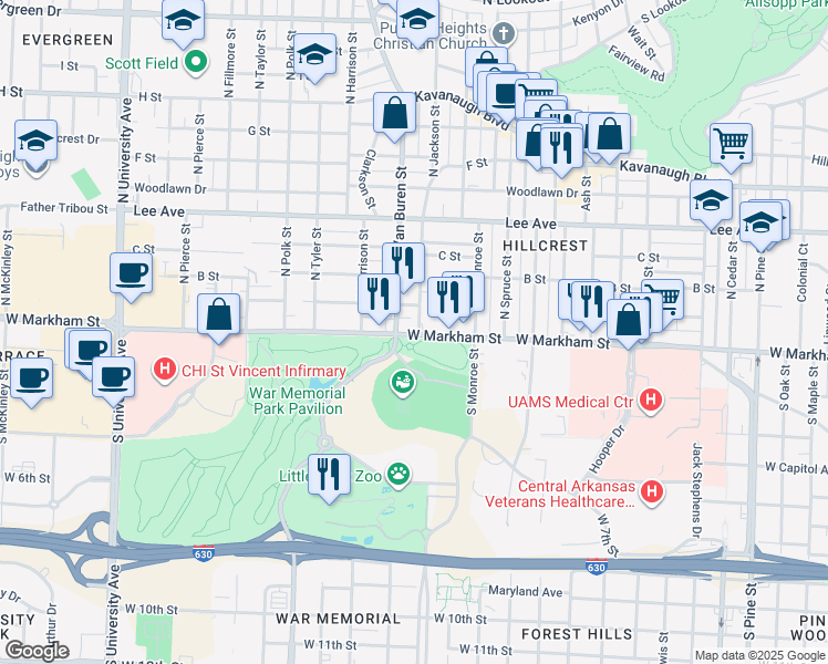 map of restaurants, bars, coffee shops, grocery stores, and more near 100 North Jackson Street in Little Rock