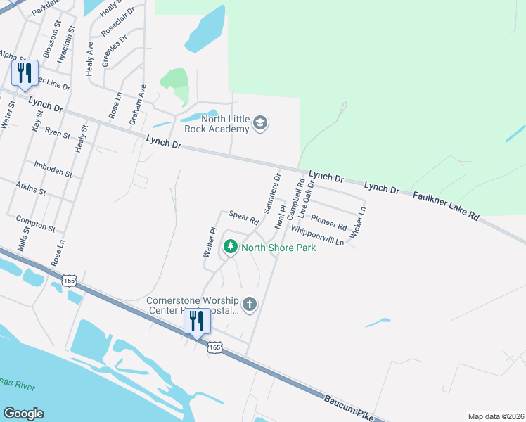 map of restaurants, bars, coffee shops, grocery stores, and more near 114 Saunders Drive in North Little Rock