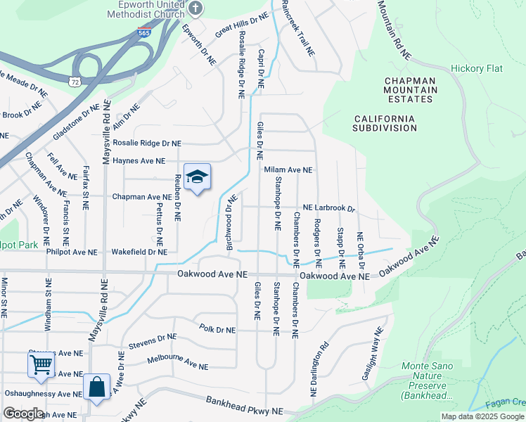 map of restaurants, bars, coffee shops, grocery stores, and more near 2024 Giles Drive Northeast in Huntsville